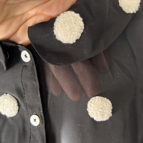 Modcloth Sheer Black Mesh Button Down with White Sherpa Fuzzy Polka Dots - Picture 4 of 8